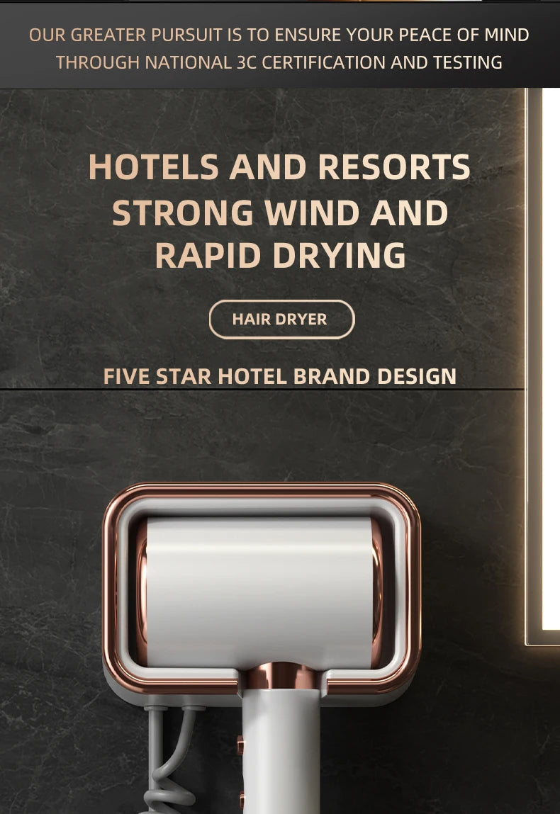 Wall-mounted white and rose gold 1300W negative ion hair dryer for hotels and modern bathrooms. Compact, fast-drying.