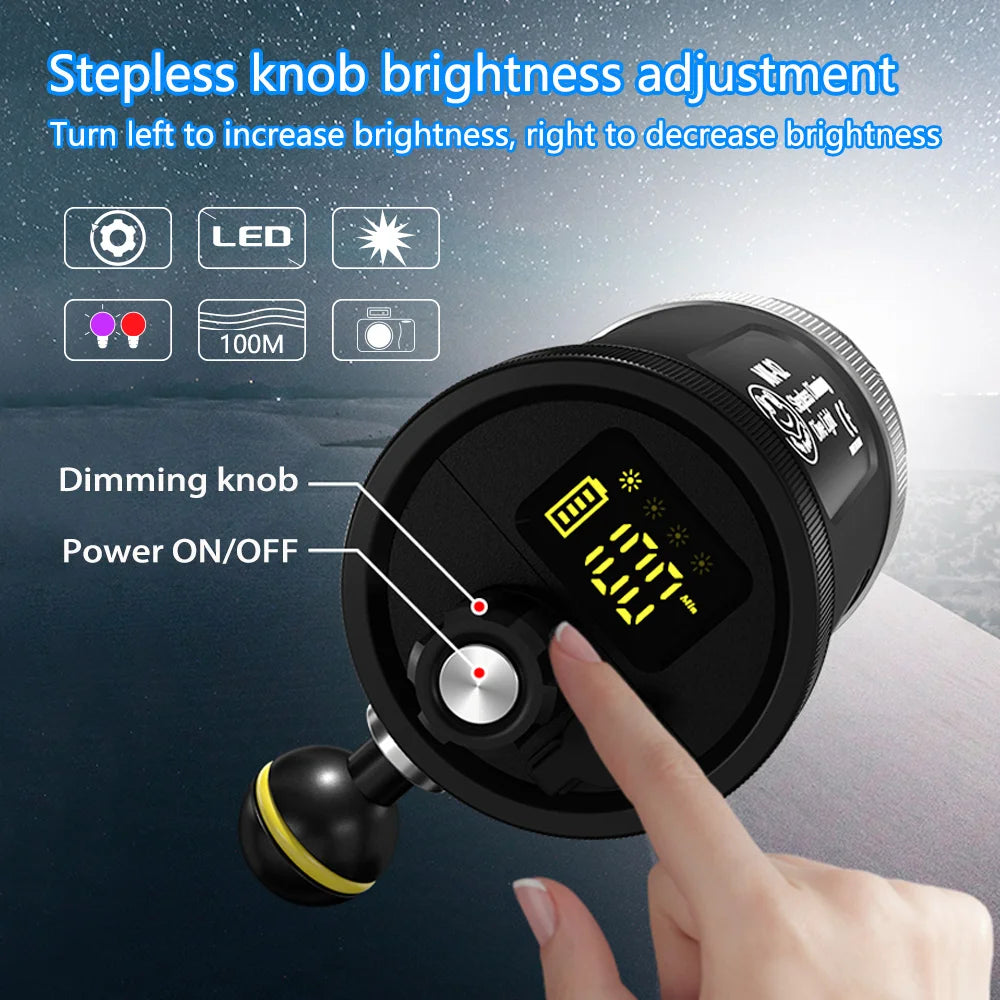 Black cylinder underwater LED dive light with a digital display, dimming knob, and ball mount attachment for cameras.