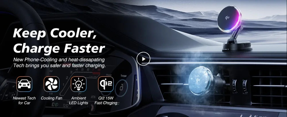 Magnetic Wireless Car Charger with RGB Cooling Fan - Black Tidesmit
