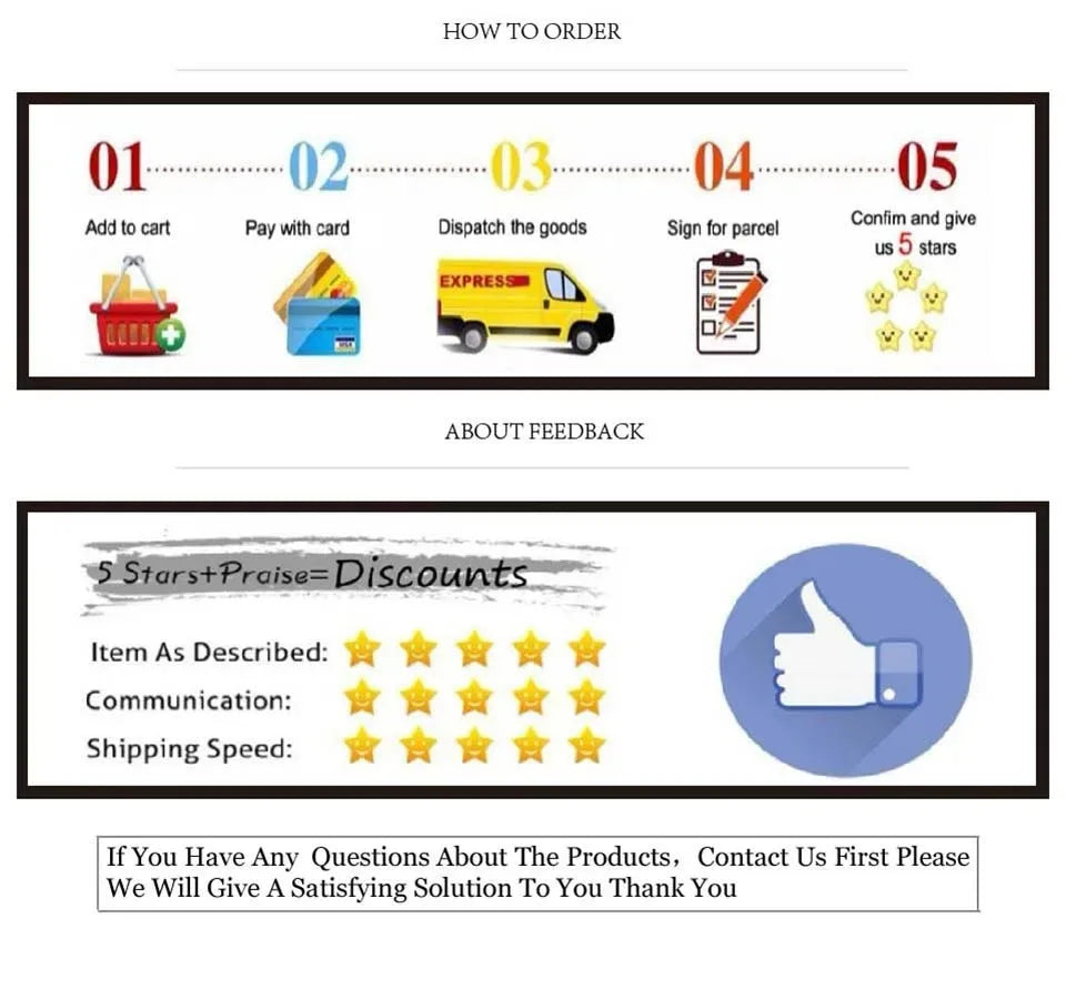 Infographic showing order process and 5-star feedback instructions for dog clothing shop.