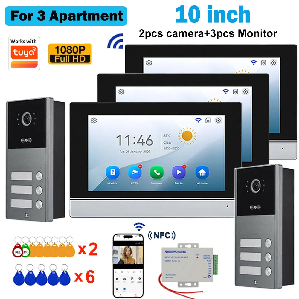 Video intercom system, 10-inch touch monitor, two door panels, RFID key fobs