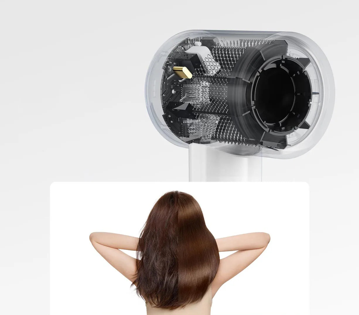 MIJIA H501 SE high-speed hair dryer showing advanced motor technology for smooth, shiny hair care results.