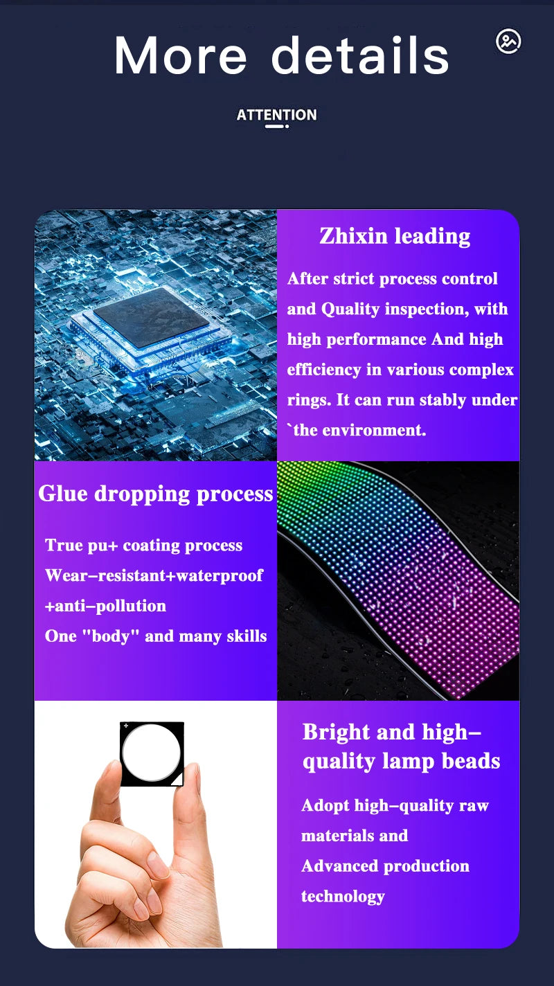Smart LED scrolling display screen, supports Bluetooth app control, allows for customization of text, graphics, and animations, is USB-powered for easy installation, and is suitable for digital signage in stores, trucks, food
