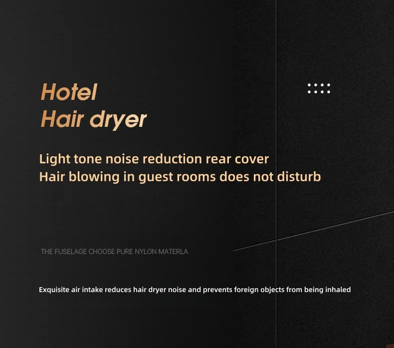 Black wall-mounted hotel hair dryer, 1600W, quiet noise-reduction rear cover, nylon housing for safe, quick drying.