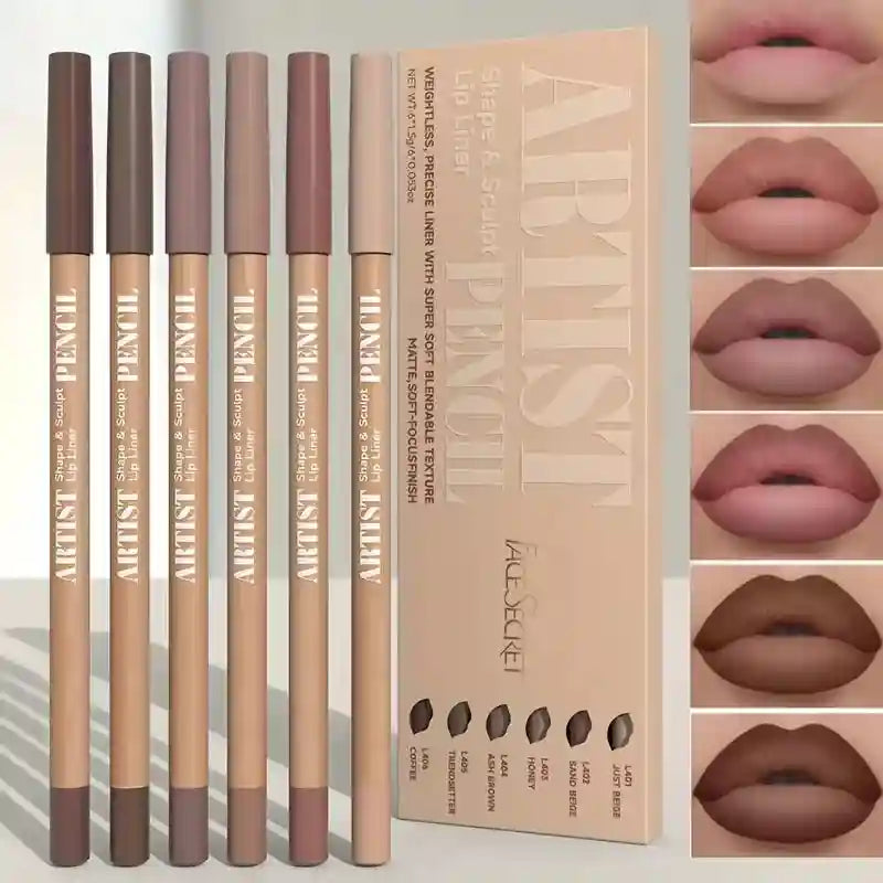 6-piece velvet matte lip liner set in neutral nude and brown shades for long-lasting, precise lip shaping and filling.