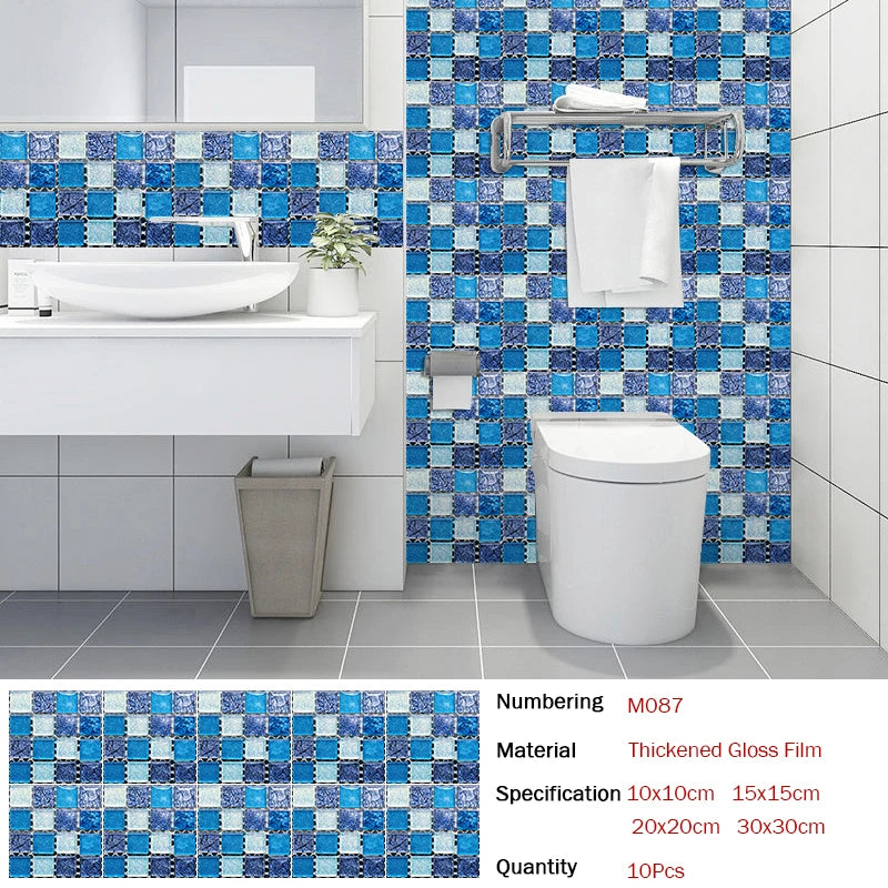 10pcs Flat Mosaic Style Tiles Sticker Kitchen Bathroom Waterproof & Oilproof Art Wall Sticker Peel & Stick Surface Glossy Film