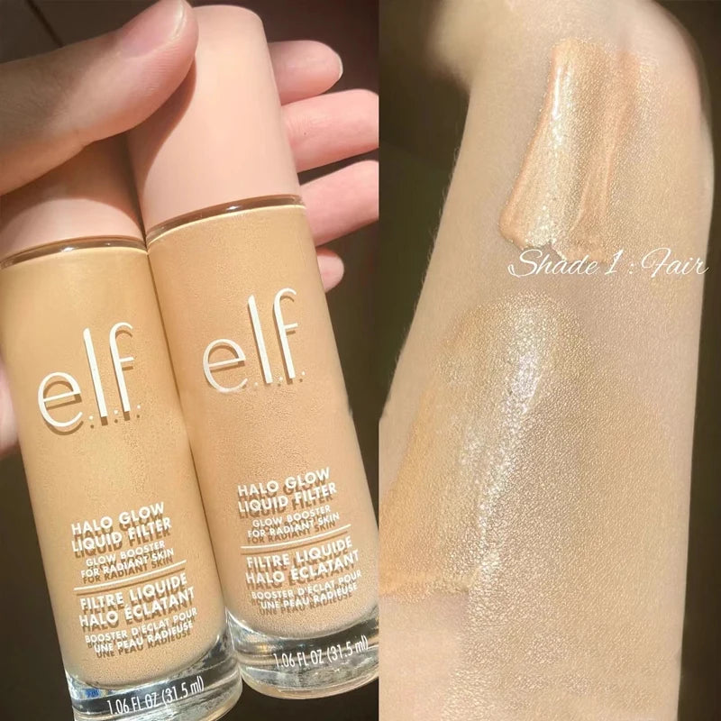 e.l.f. Halo Glow Liquid Filter in Fair swatch: a radiant, dewy liquid complexion booster with a smooth, glowing finish.