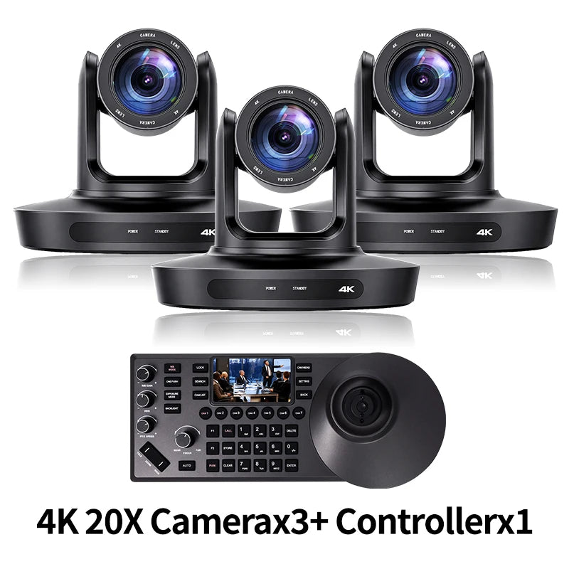 Video conferencing PTZ camera kit: five black PTZ cameras and a control console