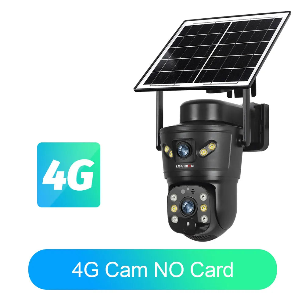 Outdoor solar security camera with dual lenses, 4G, no SD card