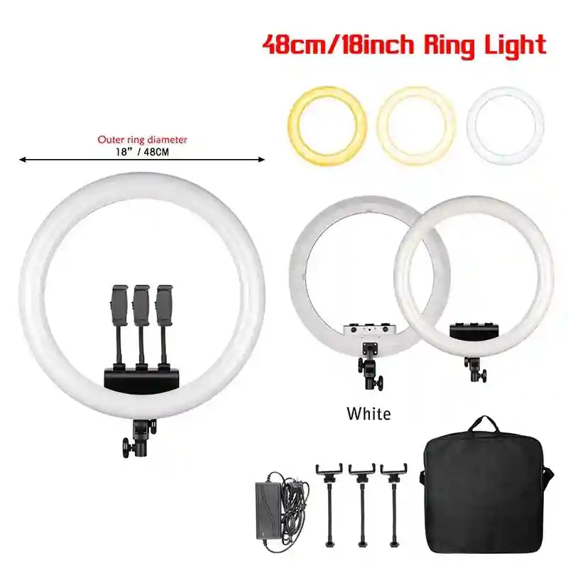 18-inch LED ring light with adjustable color temperatures, phone holders, power adapter, and carrying case.