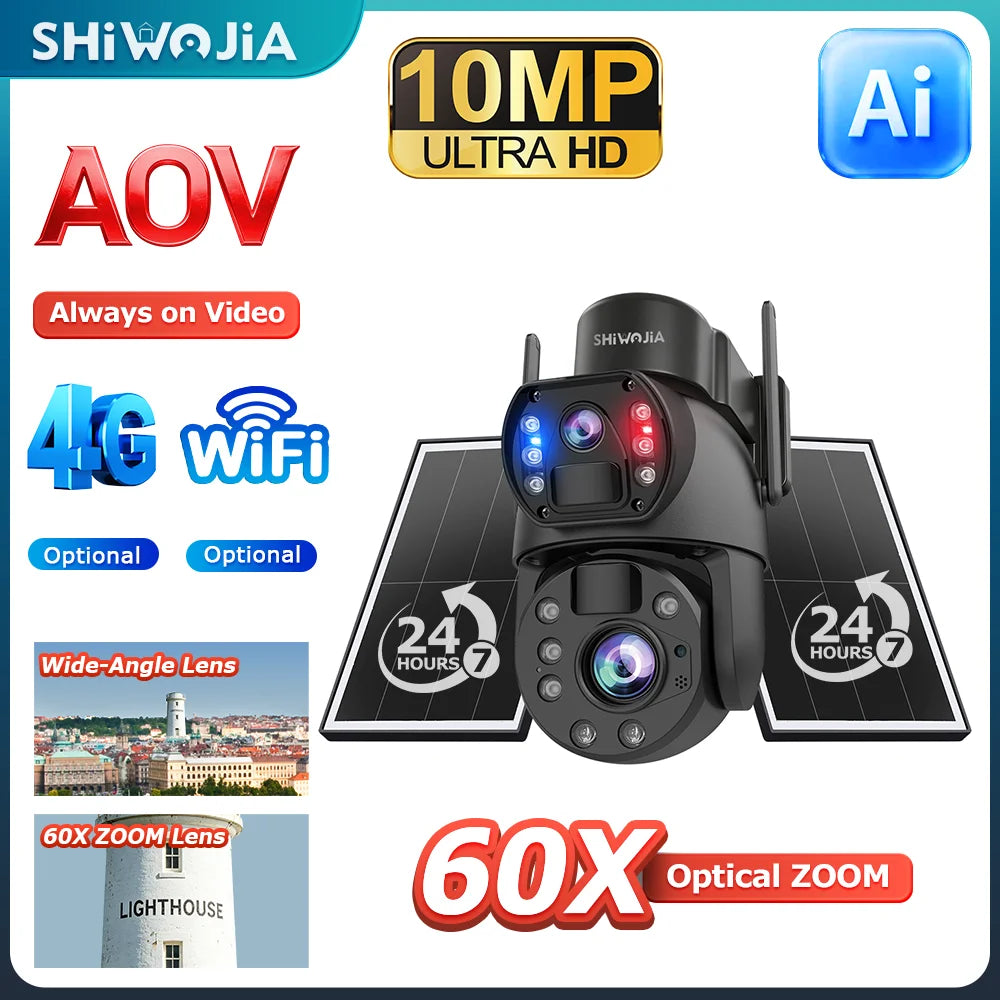 SHIWOJIA 4G Solar Security Camera Outdoor 60X Zoom Dual Screen 10MP WiFi PIR Detection AI Auto Tracking Camera UBOX