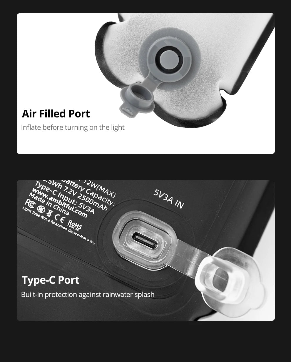 Inflatable LED light tube featuring a grey air-fill valve and a protected USB-C charging port.