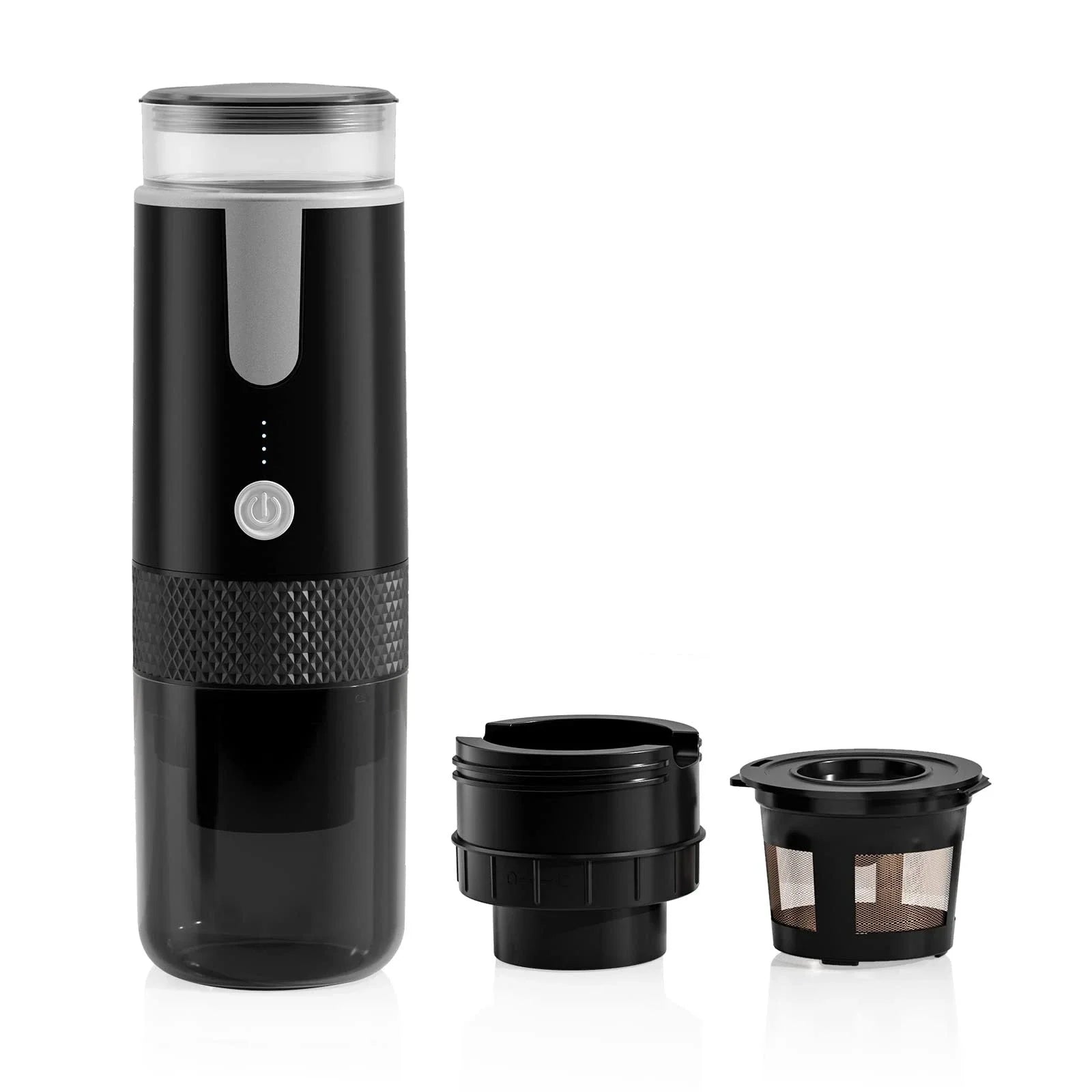 Portable black electric coffee maker with transparent reservoir, battery indicator, and reusable mesh filter basket.