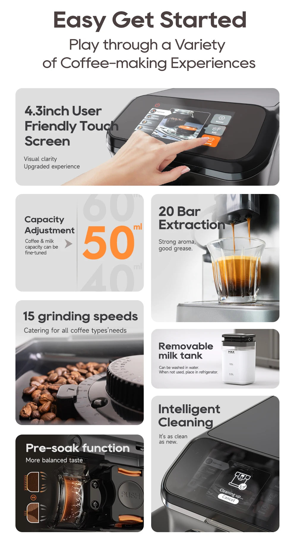 Black espresso machine with 4.3-inch touchscreen, 20-bar pump, 15 grind settings, and removable milk tank.