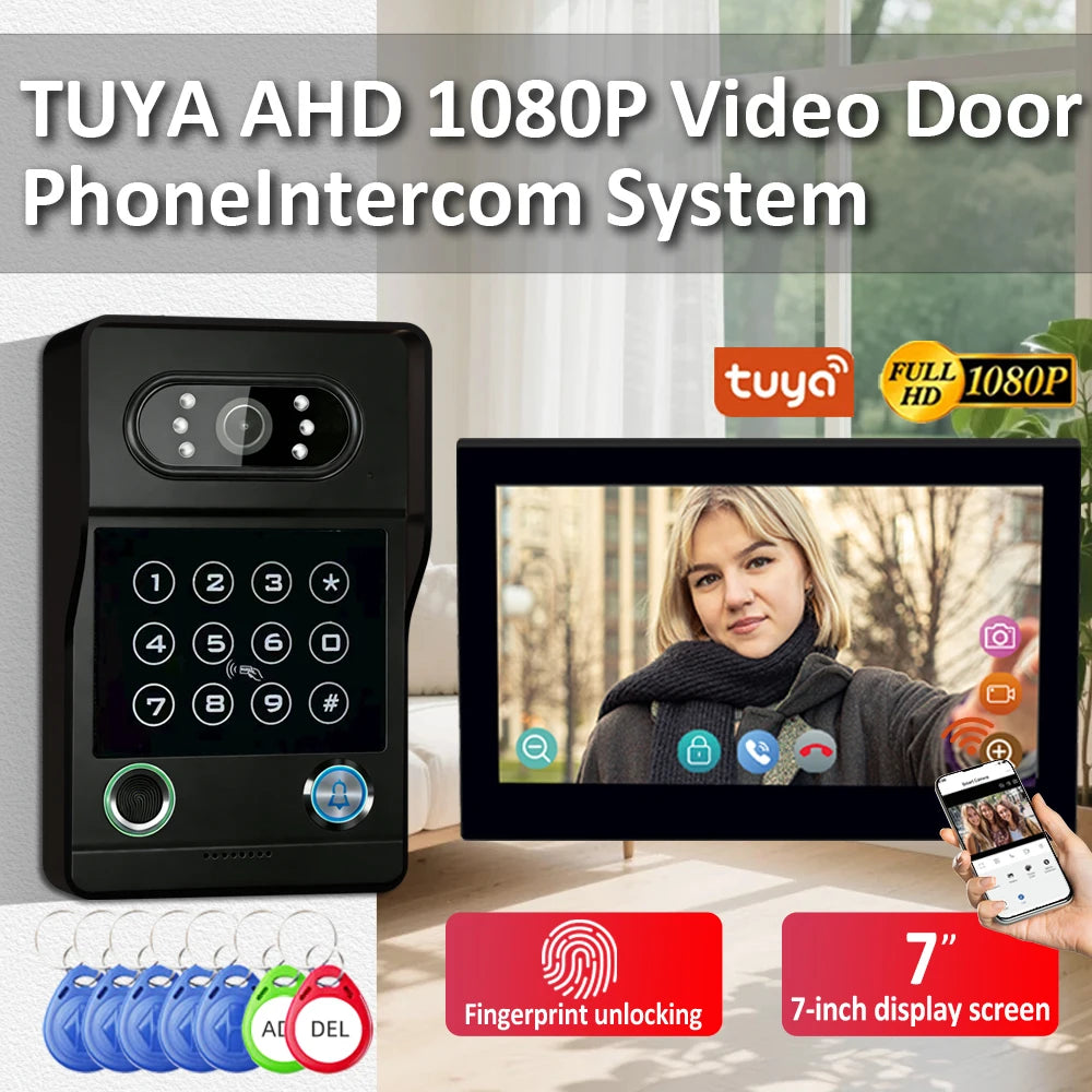 Tuya 7-inch smart video intercom doorbell system, with ID card and Wi-Fi connectivity, suitable for video intercom devices home