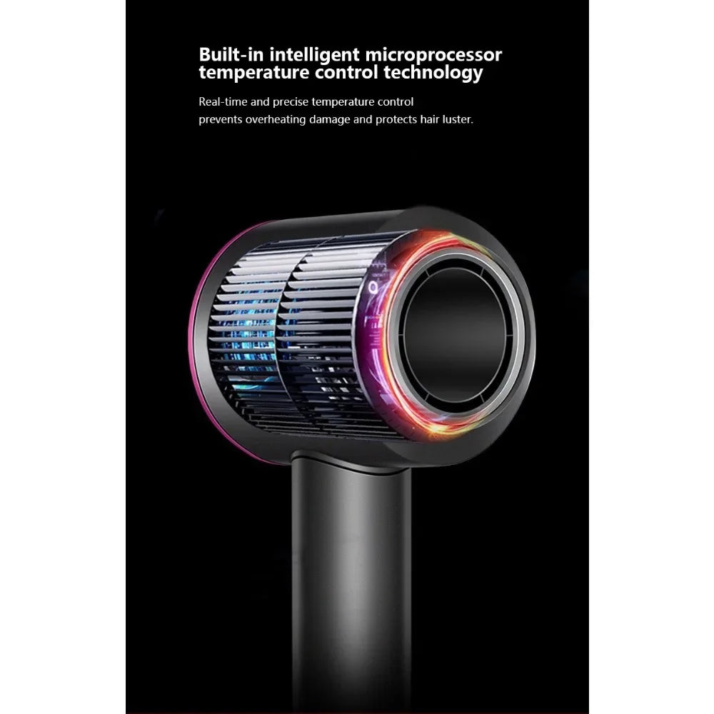 Black ionic hair dryer showing internal microprocessor and temperature control for damage-free professional styling.