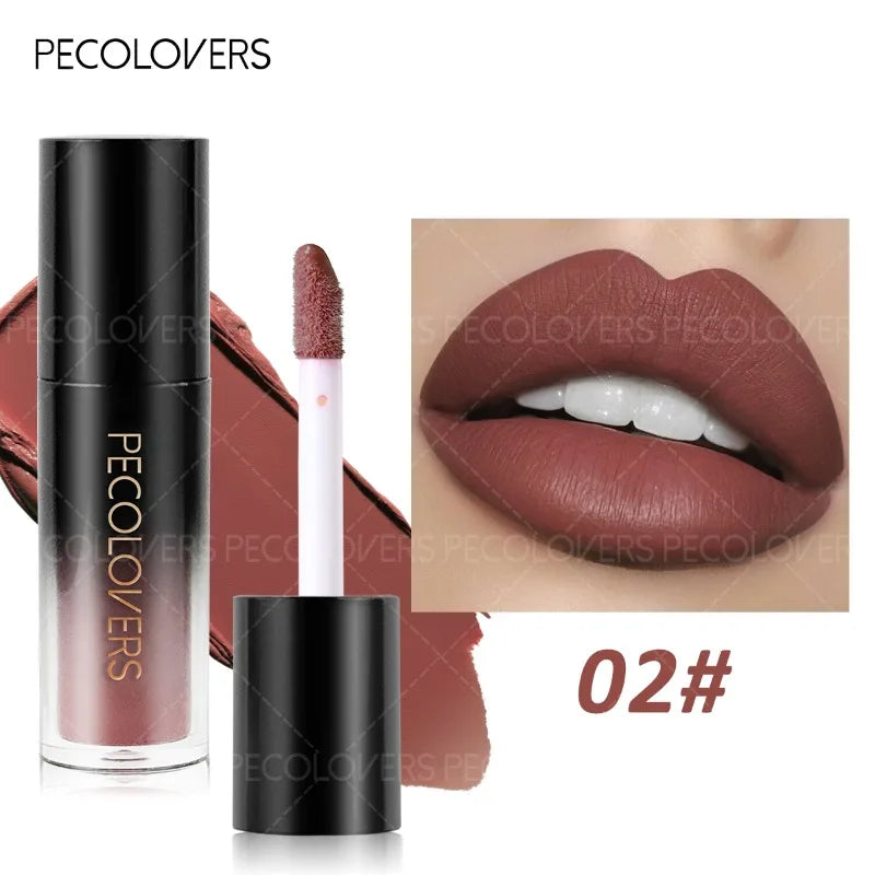 Pecolovers black tube matte lip gloss in 02# shade. Long-lasting, waterproof, plump lipstick with a smooth finish.
