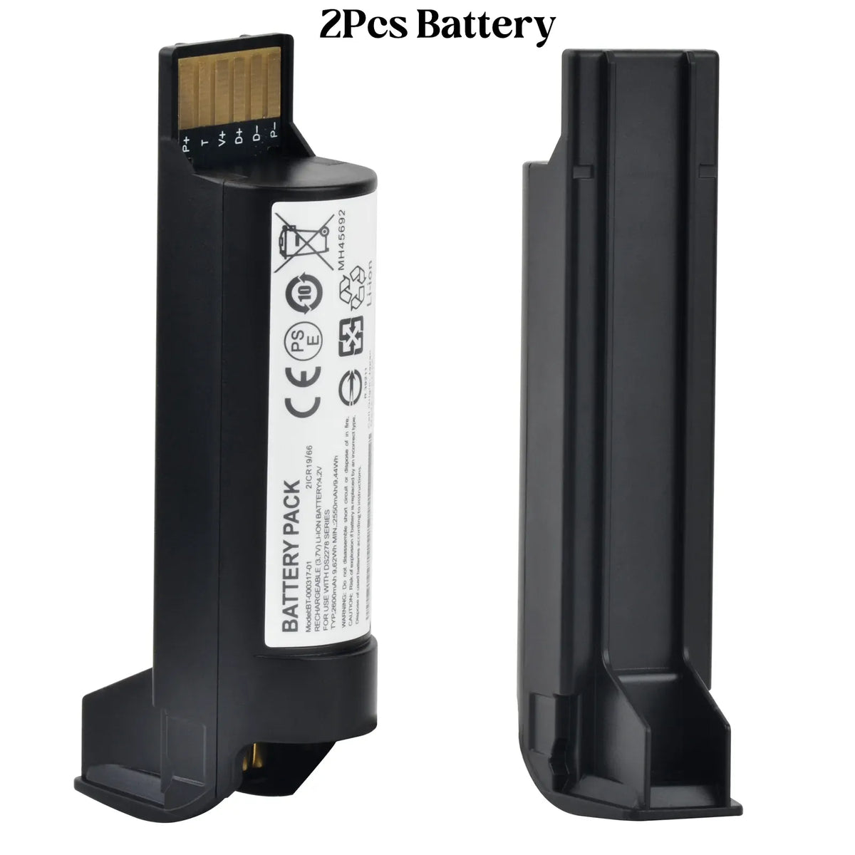 Two black Li-ion barcode scanner replacement batteries with labels and contact ends