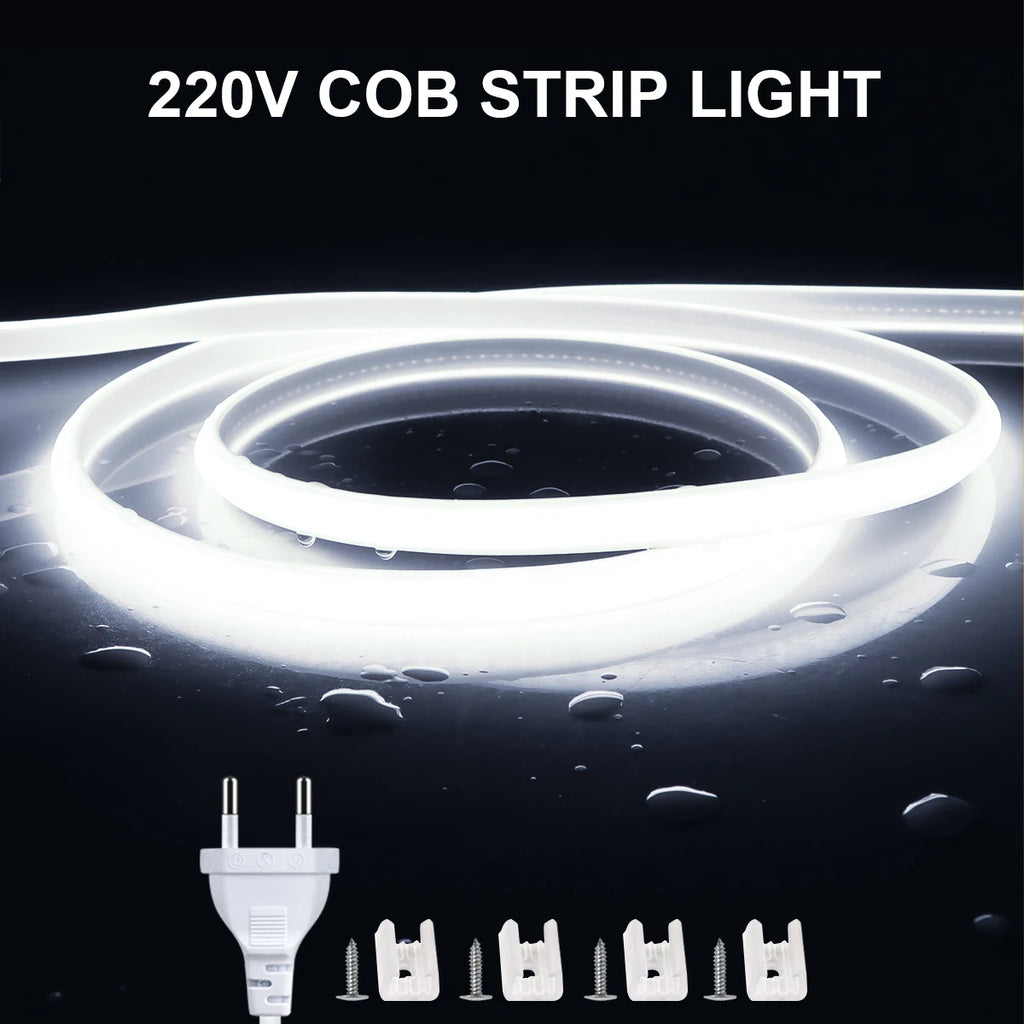 Super Bright 220V COB LED Strip with Switch FOB Tape Ribbon EU Plug 2M 5M 30M 25M 20M 15M 10M LED Lights For Kitchen Room Decor