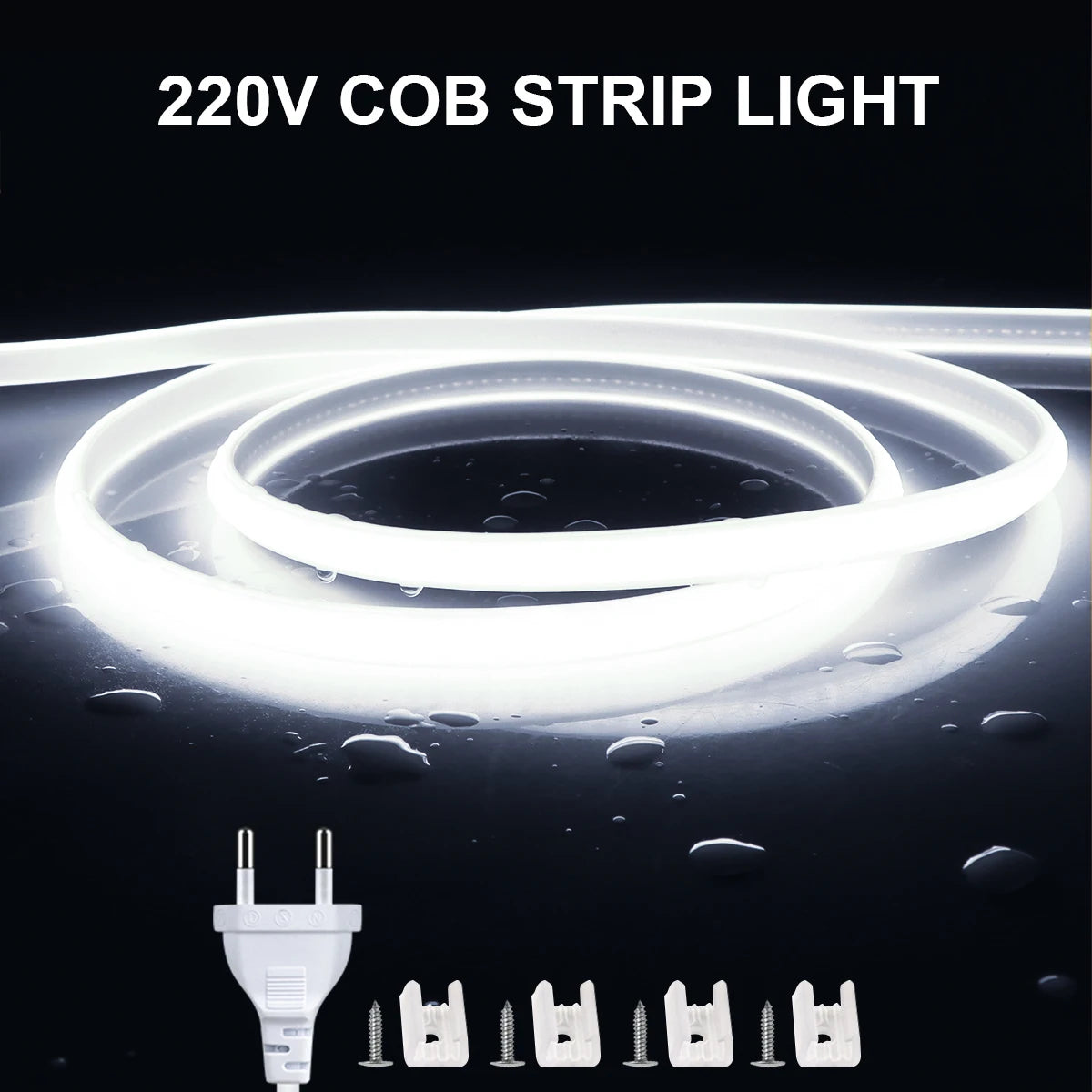Super Bright 220V COB LED Strip with Switch FOB Tape Ribbon EU Plug 2M 5M 30M 25M 20M 15M 10M LED Lights For Kitchen Room Decor