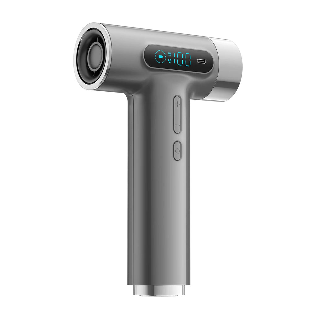 Portable grey HOMEFISH wireless hair dryer with LED display, USB charging, and high-power airflow for dormitory use.