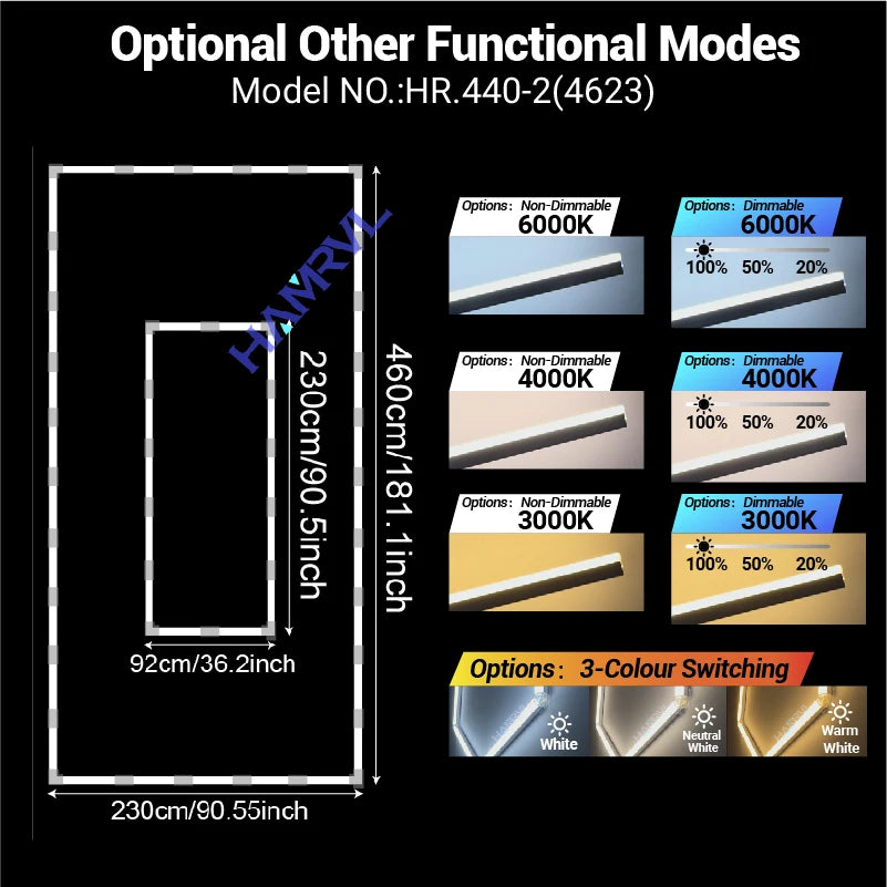 Rectangular LED ceiling light sizing diagram, 230cm x 92cm