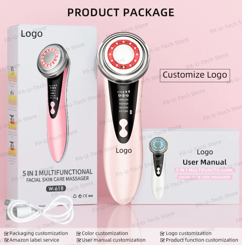 Pink and black handheld EMS facial massager with a circular LED head, digital display, and white charging cable.