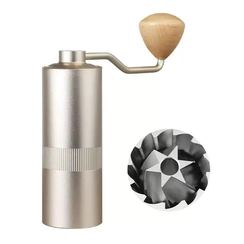 Portable stainless steel manual coffee grinder with wooden handle and close-up of sharp, high-quality burr mechanism.