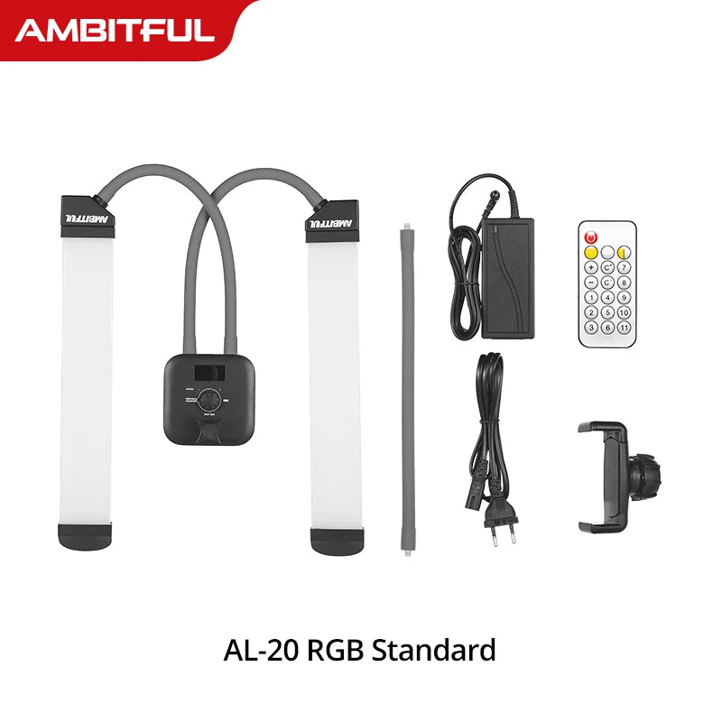 AL-20 RGB flexible dual-arm LED video light kit with control hub, power adapter, remote, and phone mount.