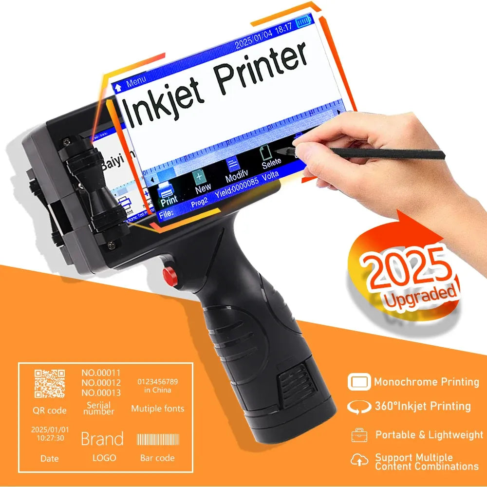 Handheld inkjet printer with touchscreen and stylus, printing date, logo, and QR code