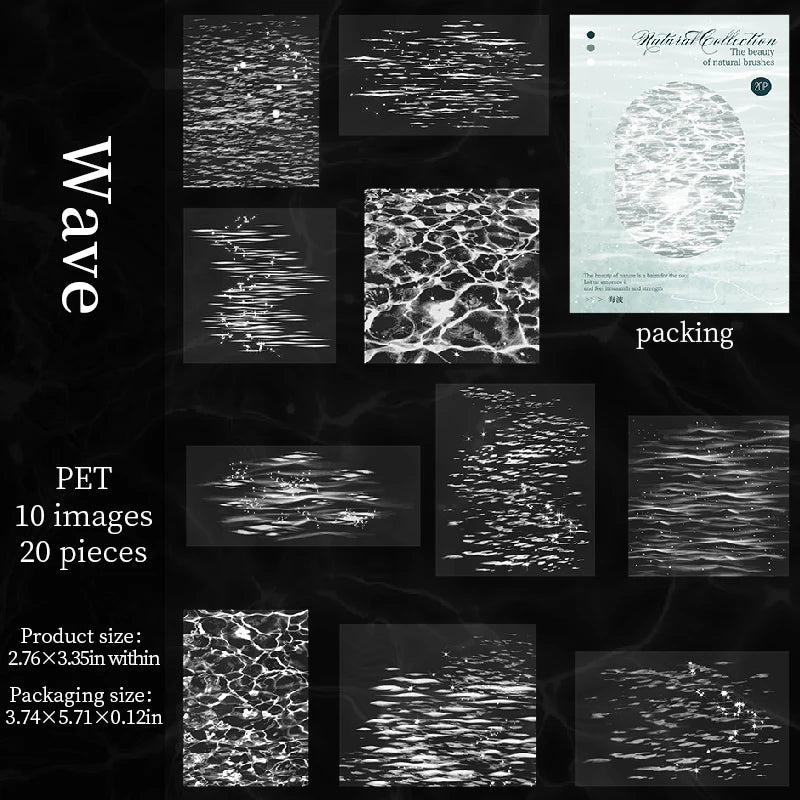20pcs aesthetic wave PET stickers for journals and scrapbooking. Retro natural water element designs for DIY stationery.