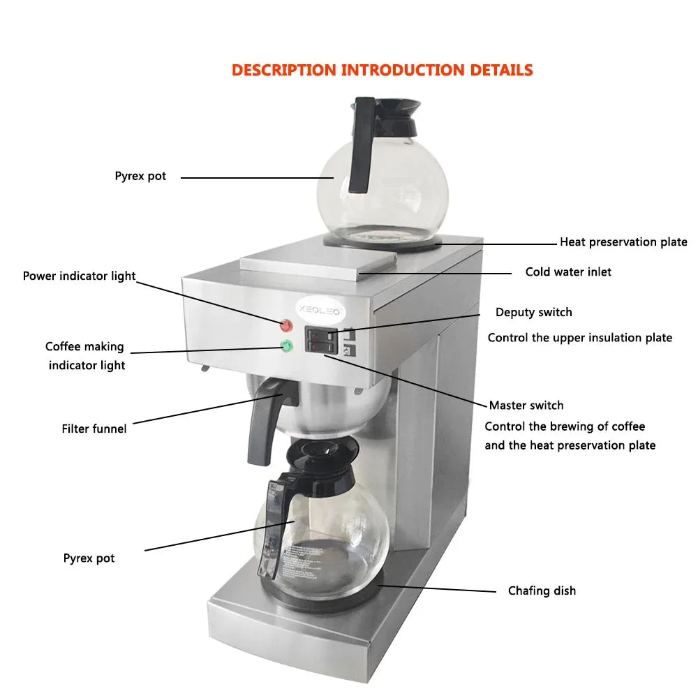 XEOLEO commercial stainless steel coffee maker with dual warming plates and two Pyrex glass pots.