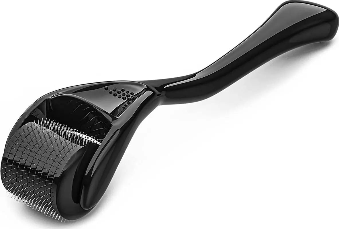 Glossy black derma roller with 540 fine metal needles for microneedling, featuring a long, ergonomic plastic handle.
