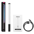 VL119 RGB handheld LED light stick with black handle, white diffusion tube, packaging box, and USB-C charging cable.