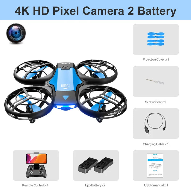 Blue and black 4K camera drone with protective guards, remote control, two batteries, accessories, and manual.