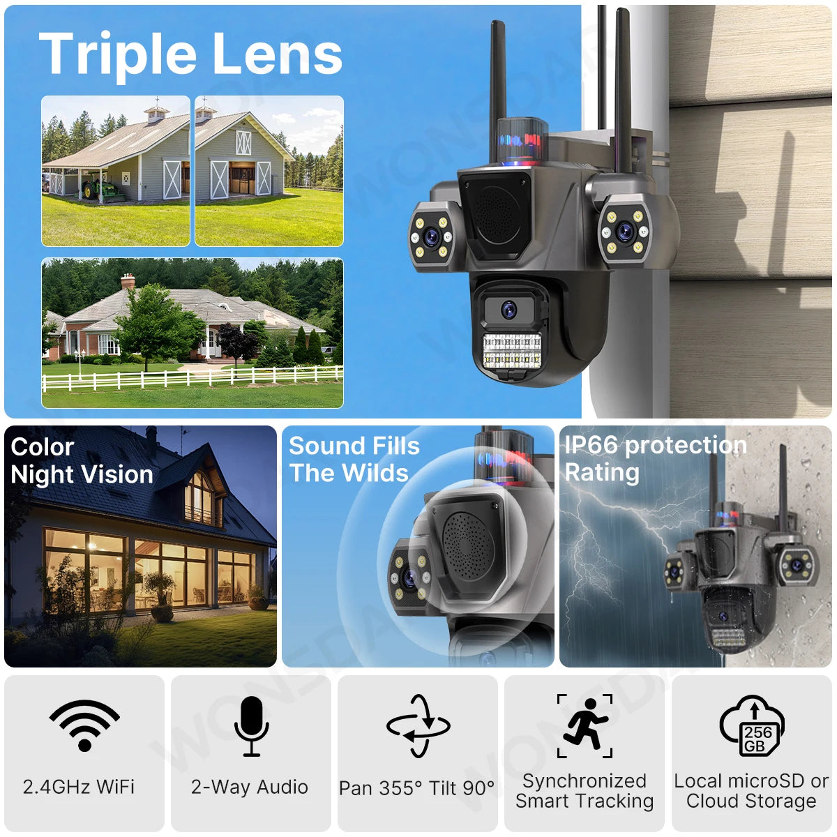 WONSDAR WiFi IP Camera Outdoor Three Lens Triple Screen Home Security CCTV Surveillance Cameras AI Human Detection Audio ICSEE
