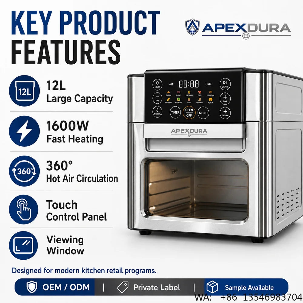 12L Large Capacity Air Fryer Oven 2 in 1 Rotating Drum Touch Control Visible Window 1600W CE CB OEM Factory