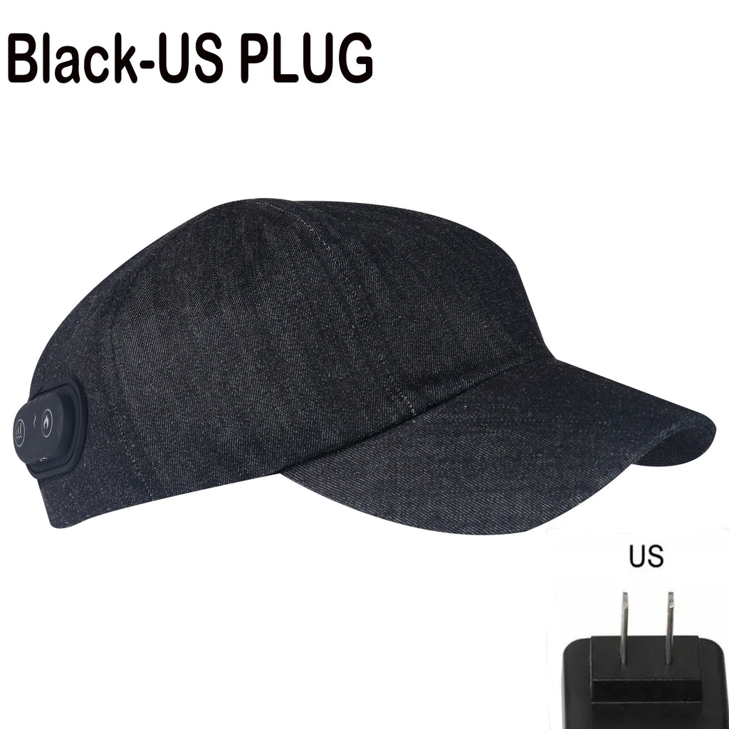 Black denim red light hair growth cap for scalp therapy and hair loss with side control panel and US plug adapter.