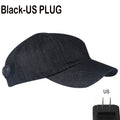 Black denim red light hair growth cap for scalp therapy and hair loss with side control panel and US plug adapter.