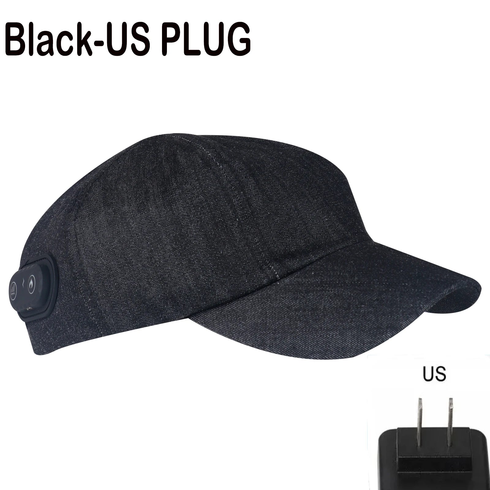 Black denim red light hair growth cap for scalp therapy and hair loss with side control panel and US plug adapter.