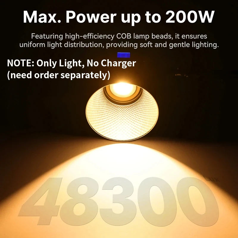 200W COB LED light fixture with a reflective circular bowl casting a bright, warm beam onto a surface.