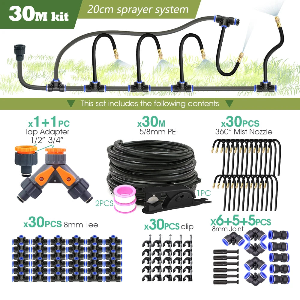 30m garden misting system kit: 5/8mm PE hose, tap adapter, 360 mist nozzles