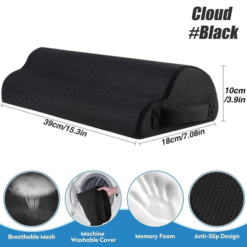Black ergonomic memory foam foot rest for under desk with breathable, washable mesh cover and anti-slip base.