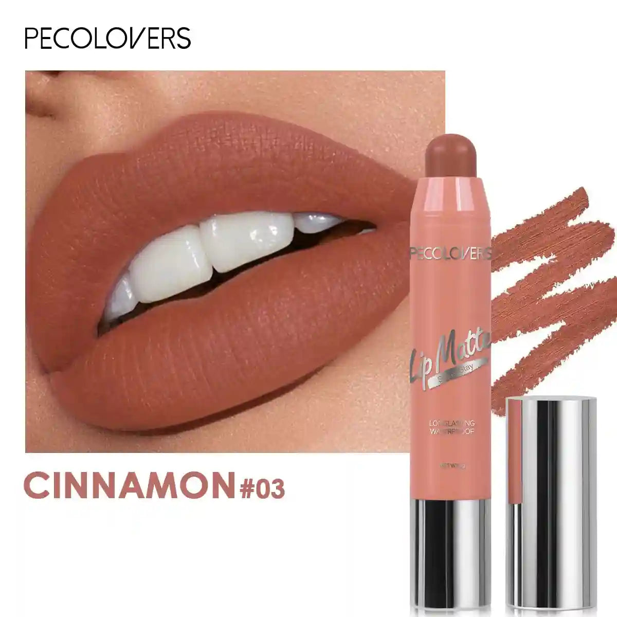 Velvet matte lipstick in cinnamon nude apricot shade, moisturizing waterproof lip tint crayon with a smooth finish.