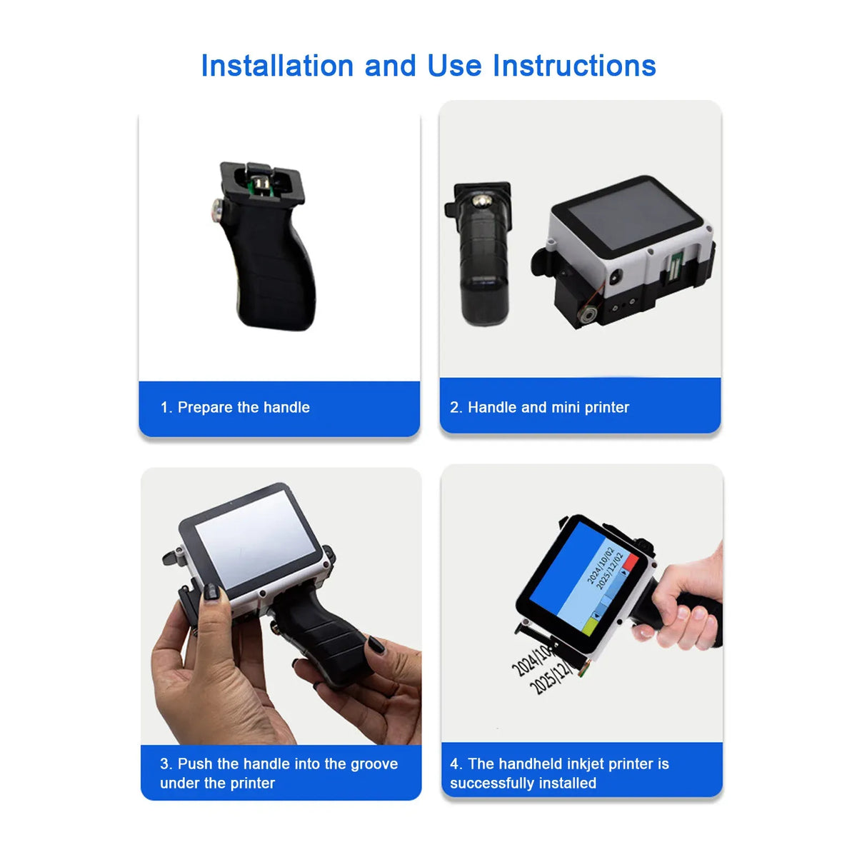 Handheld inkjet printer installation steps showing handle and mini printer parts