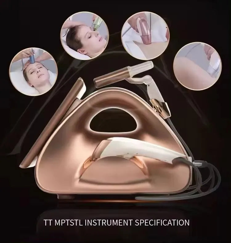 12D facial and body lifting machine with rose gold base, handheld probes, and skin rejuvenation treatment insets.