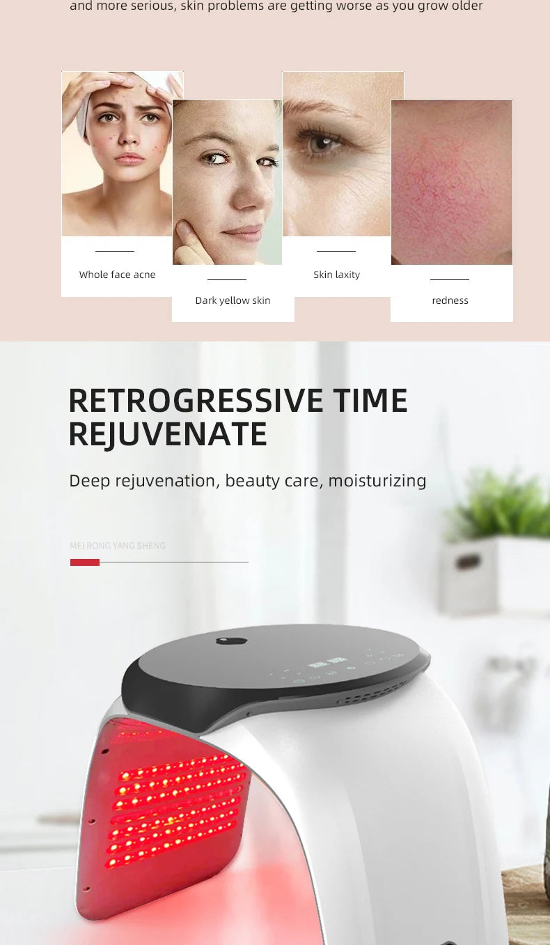 7 color LED facial mask for skin rejuvenation with red light therapy, nano spray, and touch control panel.