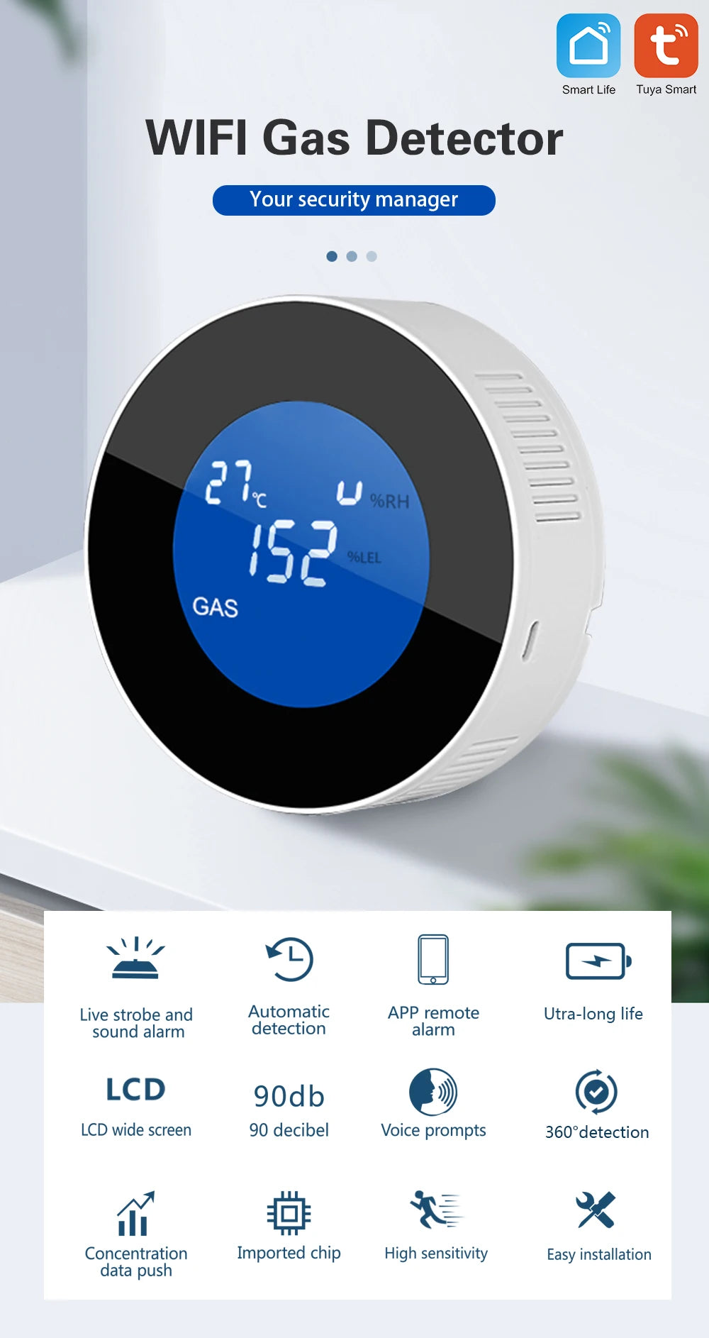 WiFi Gas Leak Detector Alarm - Smart Home App-Controlled Sensor Tidesmit