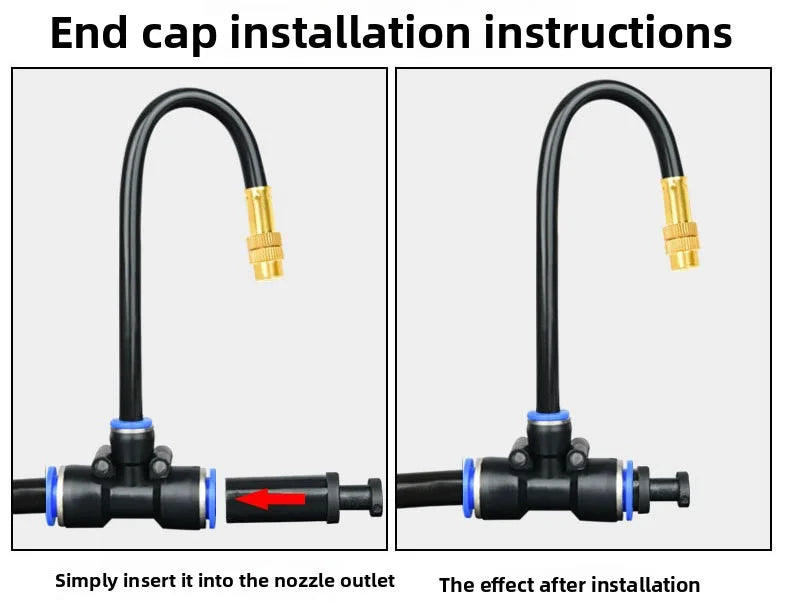 End cap installation on irrigation nozzle outlet with black hose and blue-ring base
