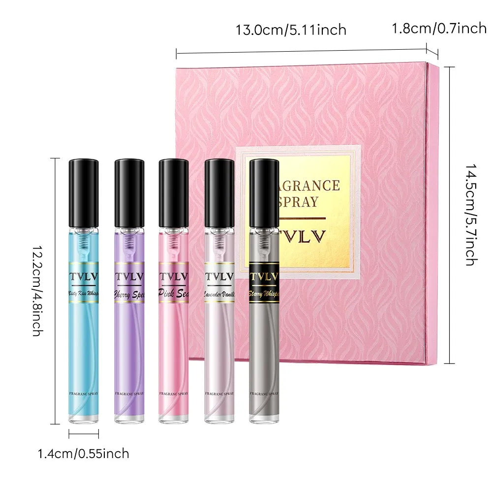 TVLV women's luxury floral fruity vanilla fragrance set. 5 long-lasting slim perfume sprays in a pink gift box.